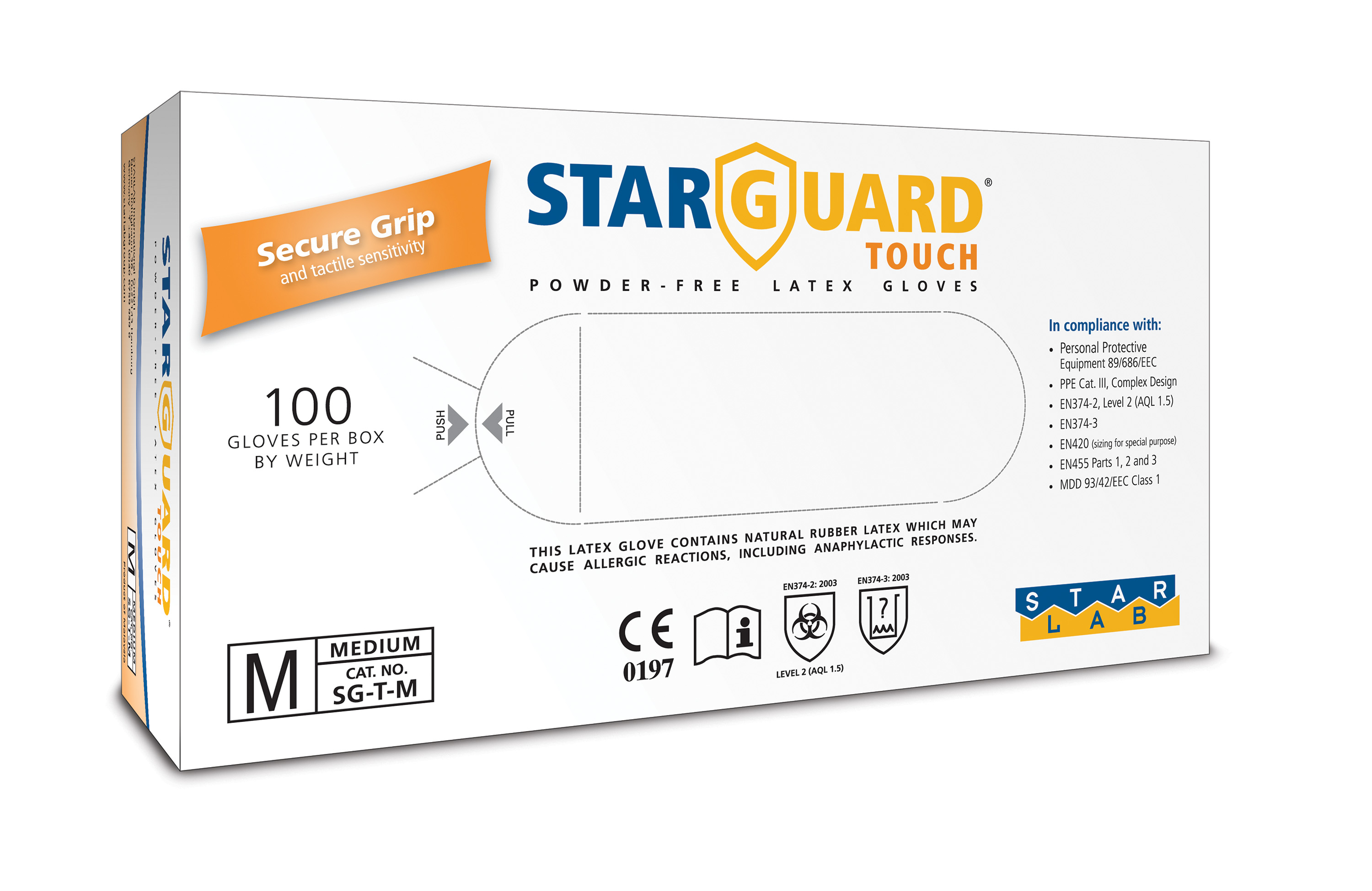  StarGuard TOUCH Latex Gloves, Powder Free, Natural, Size S, Pk/ 10 x 100 gloves.